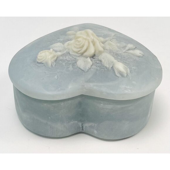 VTG Genuine Incolay Stone Light Blue Heart Shape TRINKET BOX White Rose 3.5" EUC - Picture 2 of 4
